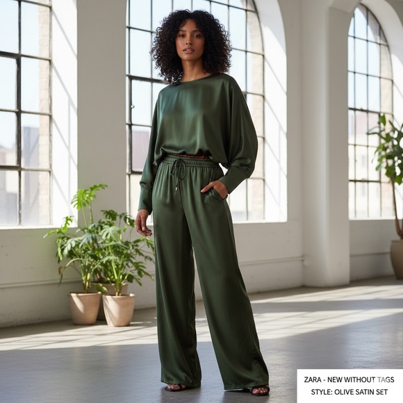 Zara Other - ZARA Olive Green Satin 2-Piece Set/Oversized Top XS/Pants L NWOT